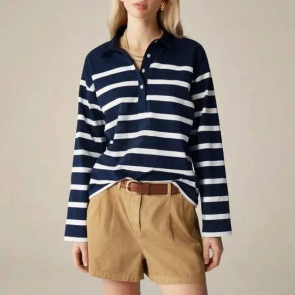 J. Crew Tops - J. Crew Women Mariner Jersey Long Sleeve Polo in Stripe Top Navy blue nautical